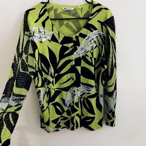 Peter Nygard cotton colorful artsy cardigan green & black preppy chic office